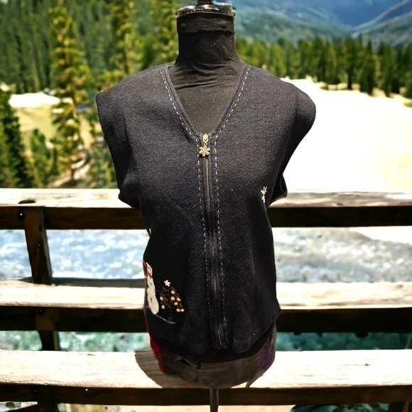 Vintage Woolrich Winter Snowman Applique zip front Vest Black Vest sz XL - Picture 3 of 12